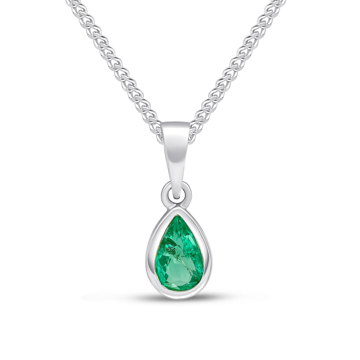 9ct White Gold Pear Shaped Natural Emerald Rubover Pendant — 6x4mm