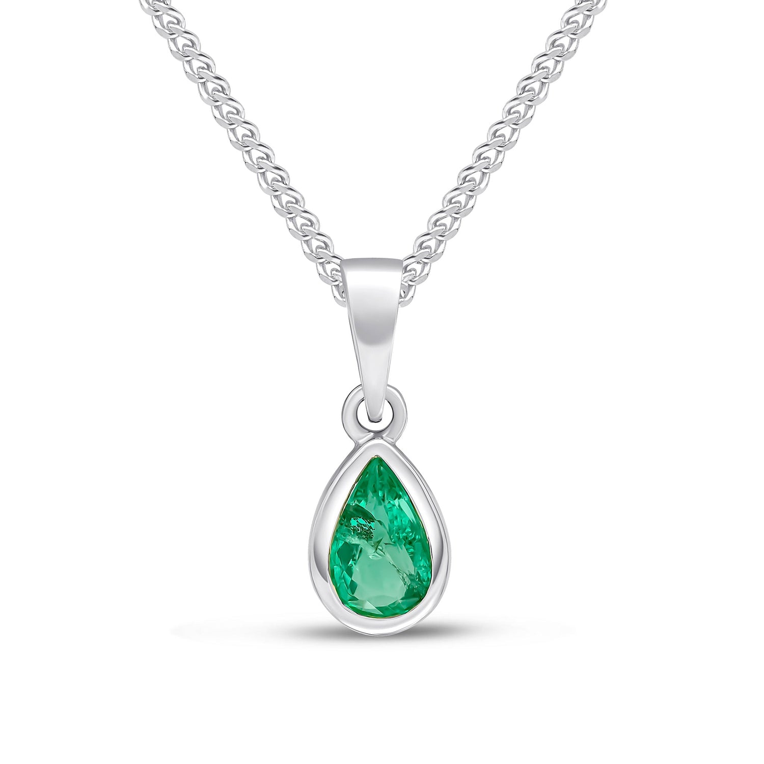 9ct White Gold Pear Shaped Natural Emerald Rubover Pendant — 6x4mm