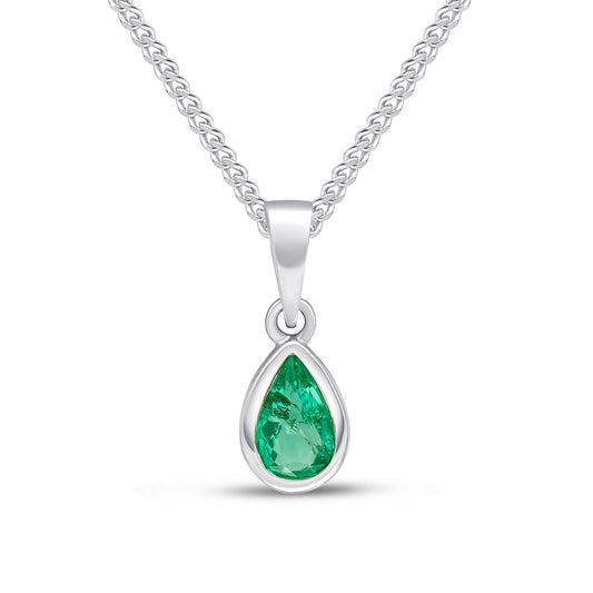 9ct White Gold Pear Shaped Natural Emerald Rubover Pendant — 6x4mm