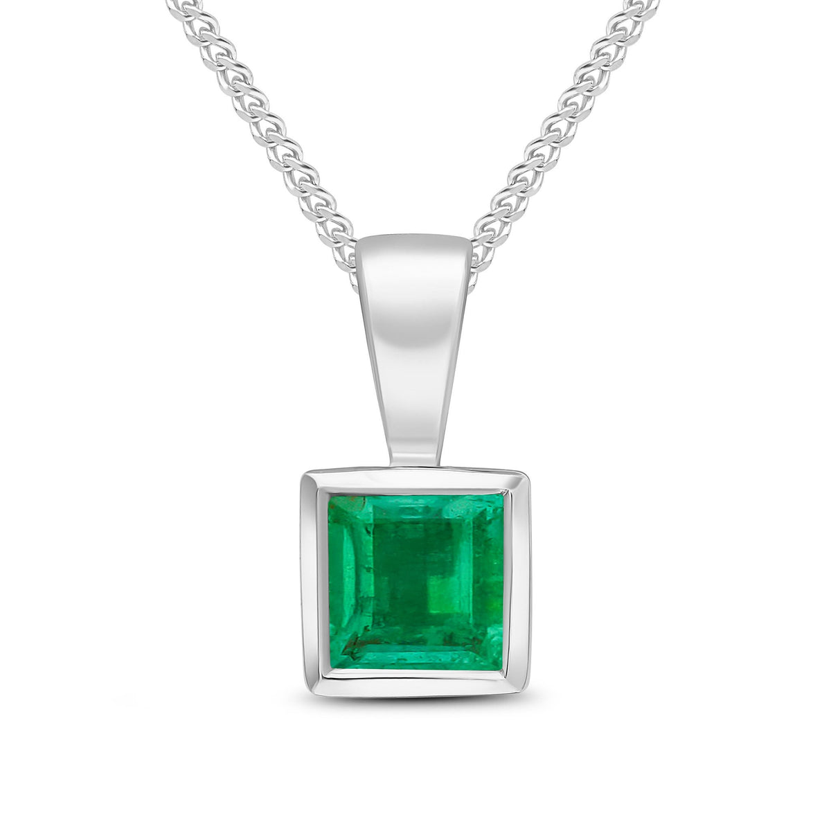 9ct White Gold Square Natural Emerald Rubover Pendant — 4mm
