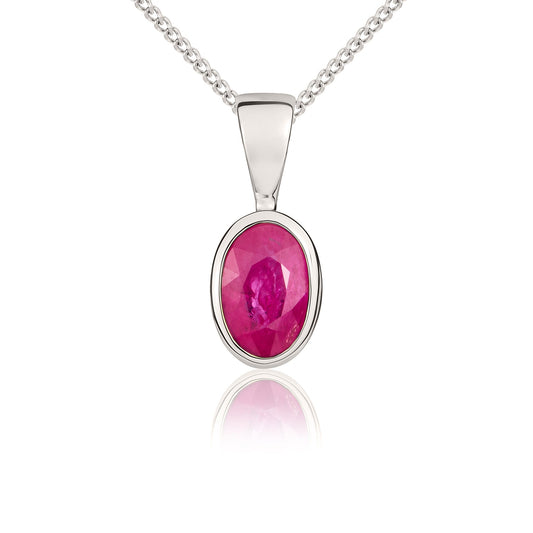 9ct White Gold Oval Ruby Rubover Pendant – 6x4mm
