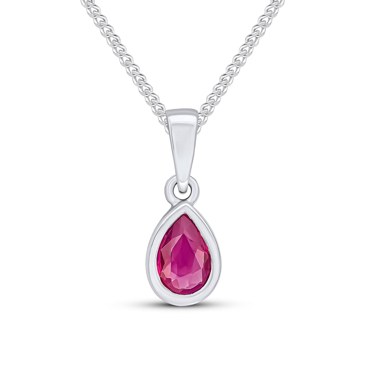 9ct White Gold Pear Shaped Natural Ruby Rubover Pendant — 6x4mm