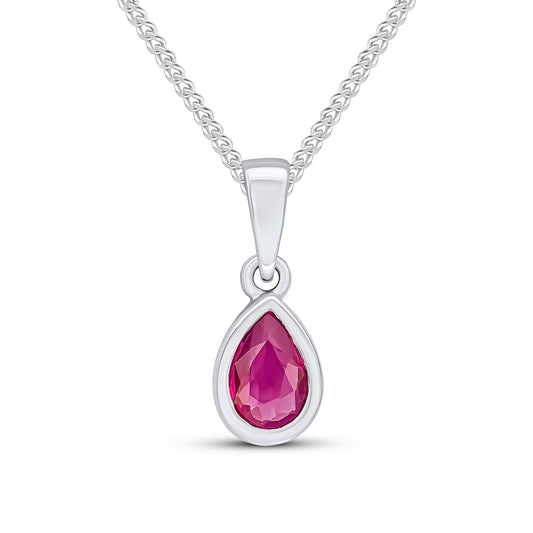9ct White Gold Pear Shaped Ruby Rubover Pendant — 6x4mm