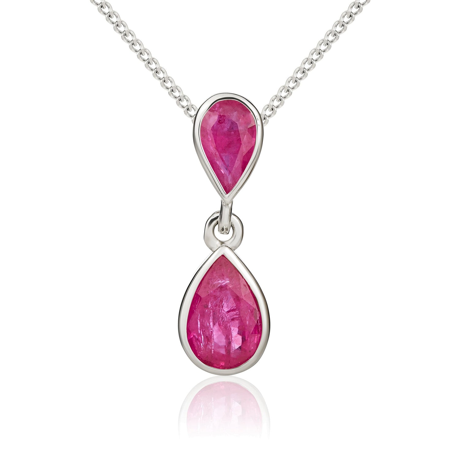 9ct White Gold Pear Shaped Natural Ruby Rubover Double Drop Pendant — 16 x 5.1mm