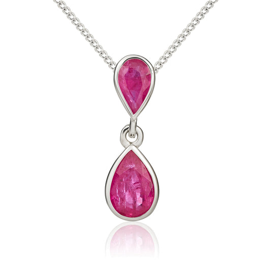 9ct White Gold Pear Shaped Natural Ruby Rubover Double Drop Pendant — 16 x 5.1mm