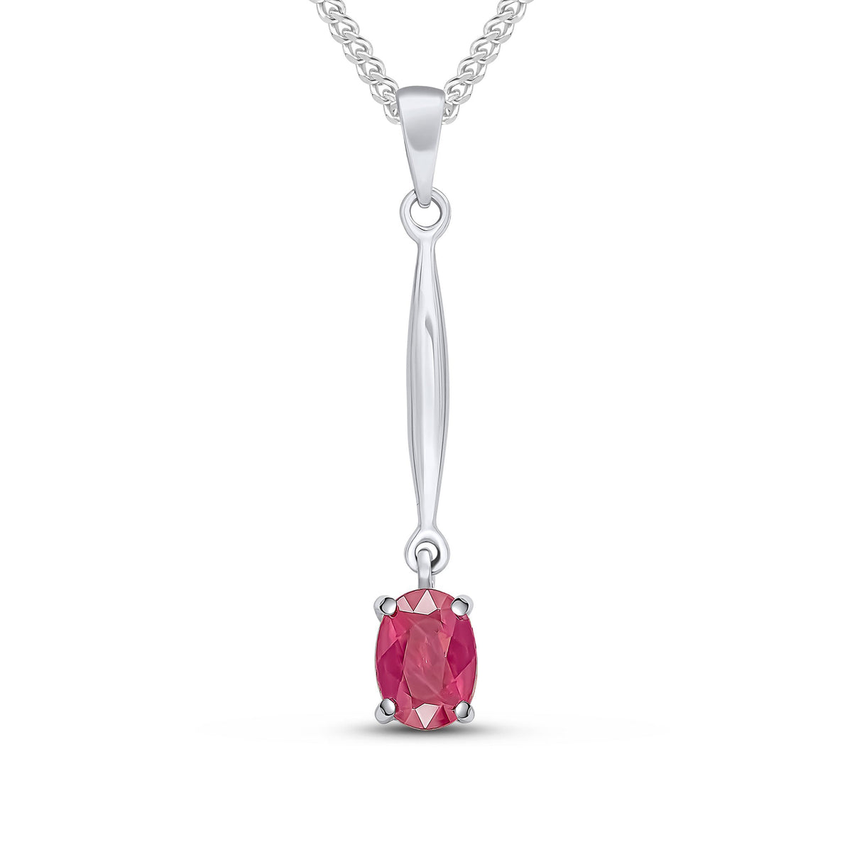9ct White Gold Oval Natural Ruby Claw Bar Drop Pendant — 7x5mm