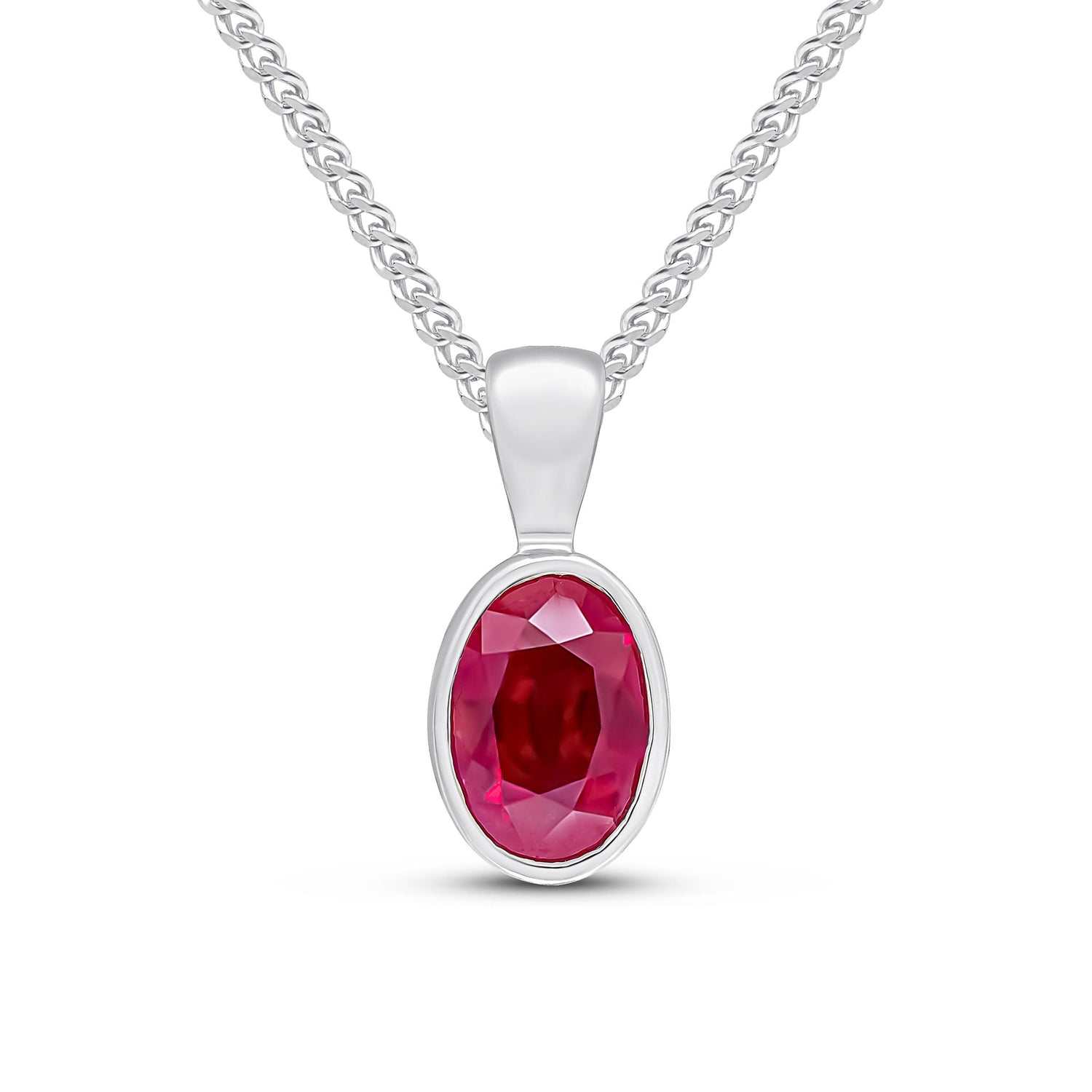 9ct White Gold Oval Natural Ruby Rubover Pendant — 7x5mm