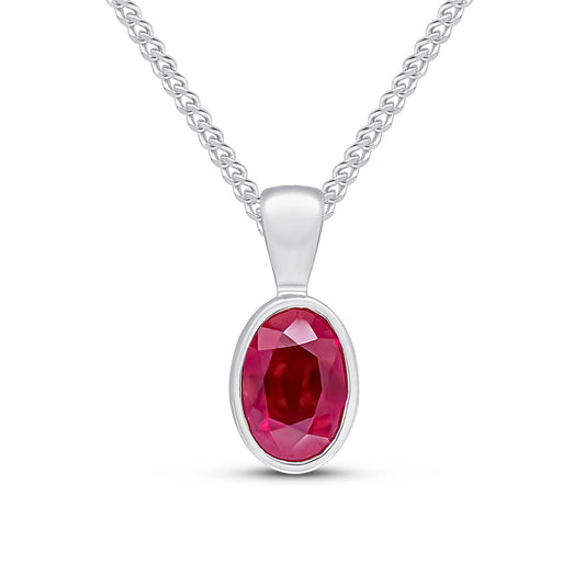 9ct White Gold Oval Ruby Rubover Pendant — 7x5mm