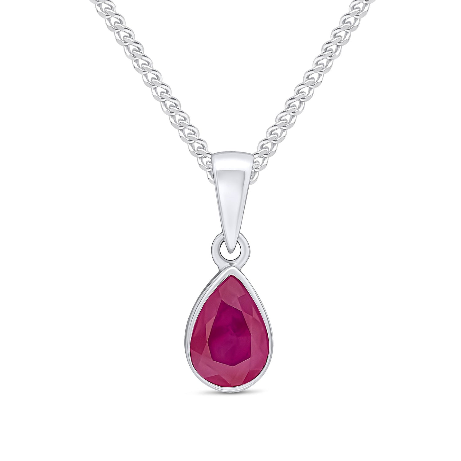 9ct White Gold Pear Shaped Natural Ruby Rubover Pendant — 7x5mm