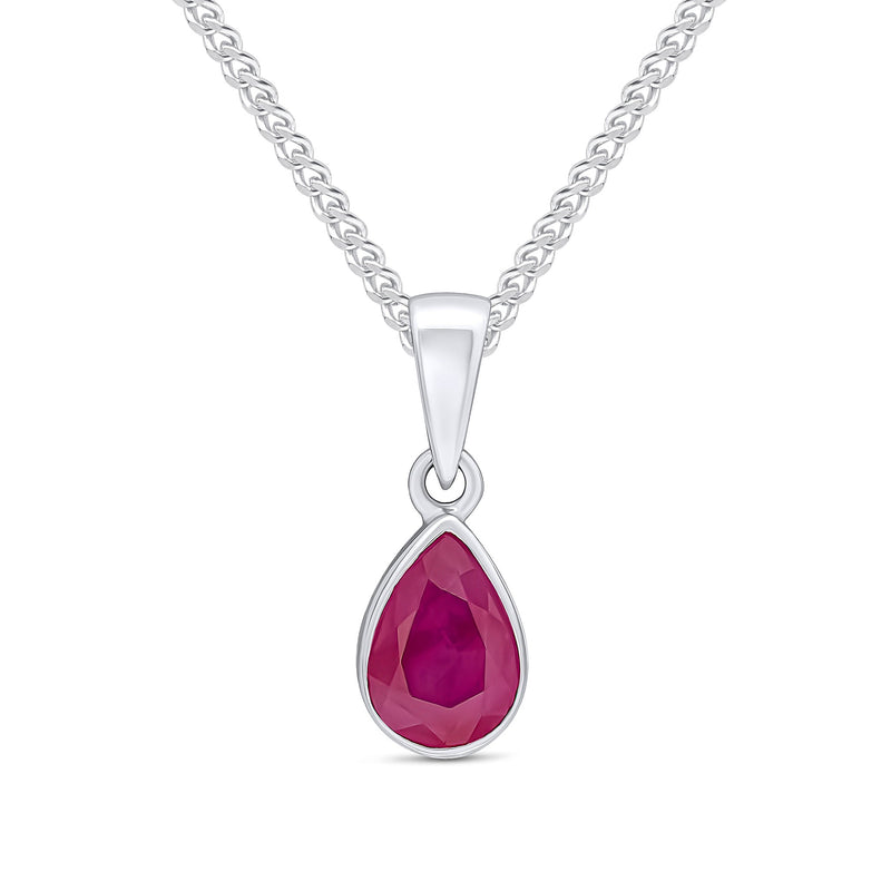 9ct White Gold Pear Shaped Natural Ruby Rubover Pendant — 7x5mm