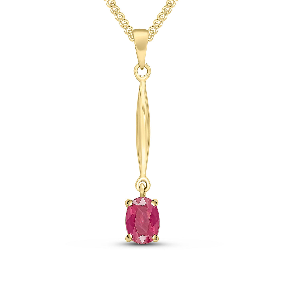 9ct Yellow Gold Oval Natural Ruby Claw Bar Drop Pendant — 7x5mm