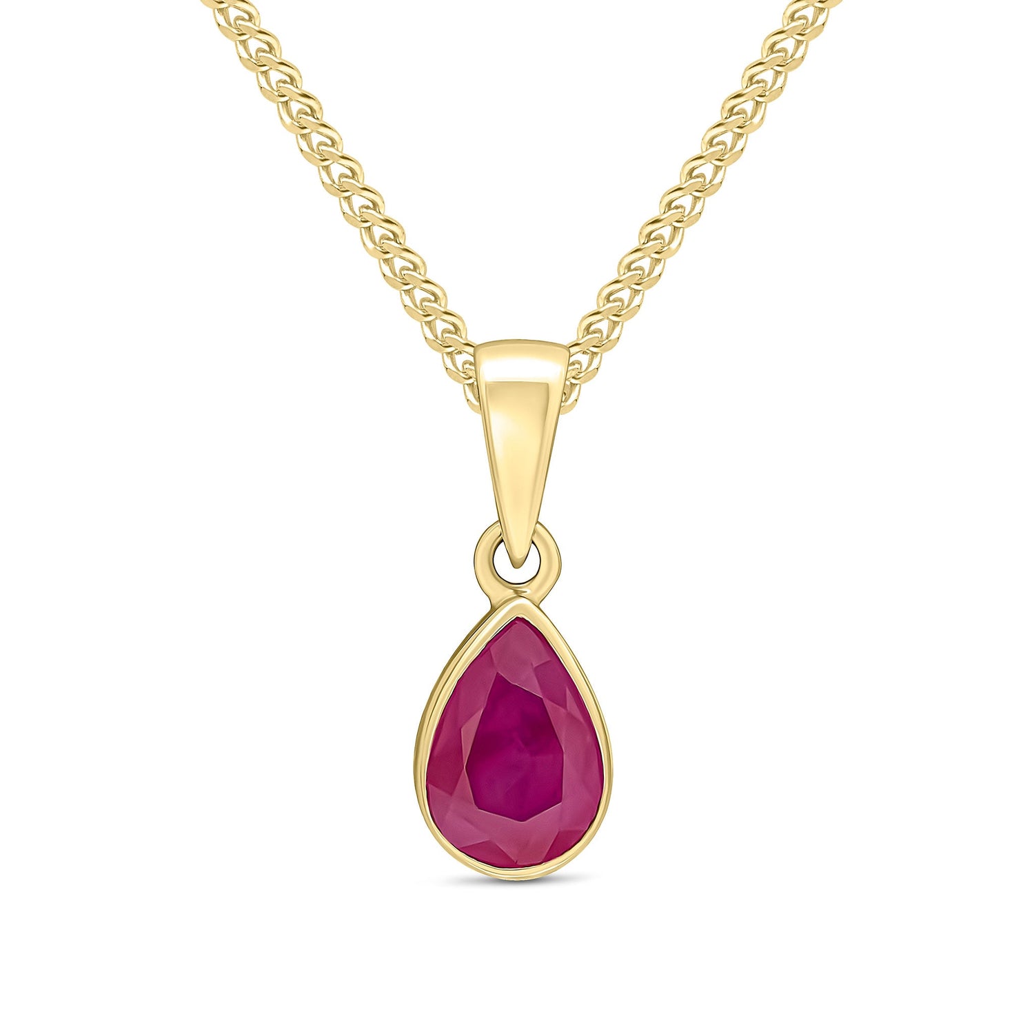9ct Yellow Gold Pear Shaped Natural Ruby Rubover Pendant — 7x5mm