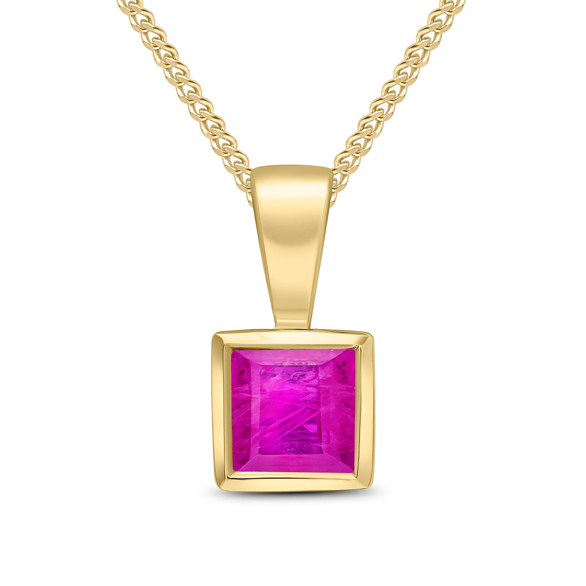 9ct Yellow Gold Square Natural Ruby Rubover Pendant — 4mm