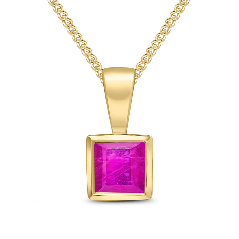 9ct Yellow Gold Square Natural Ruby Rubover Pendant — 4mm