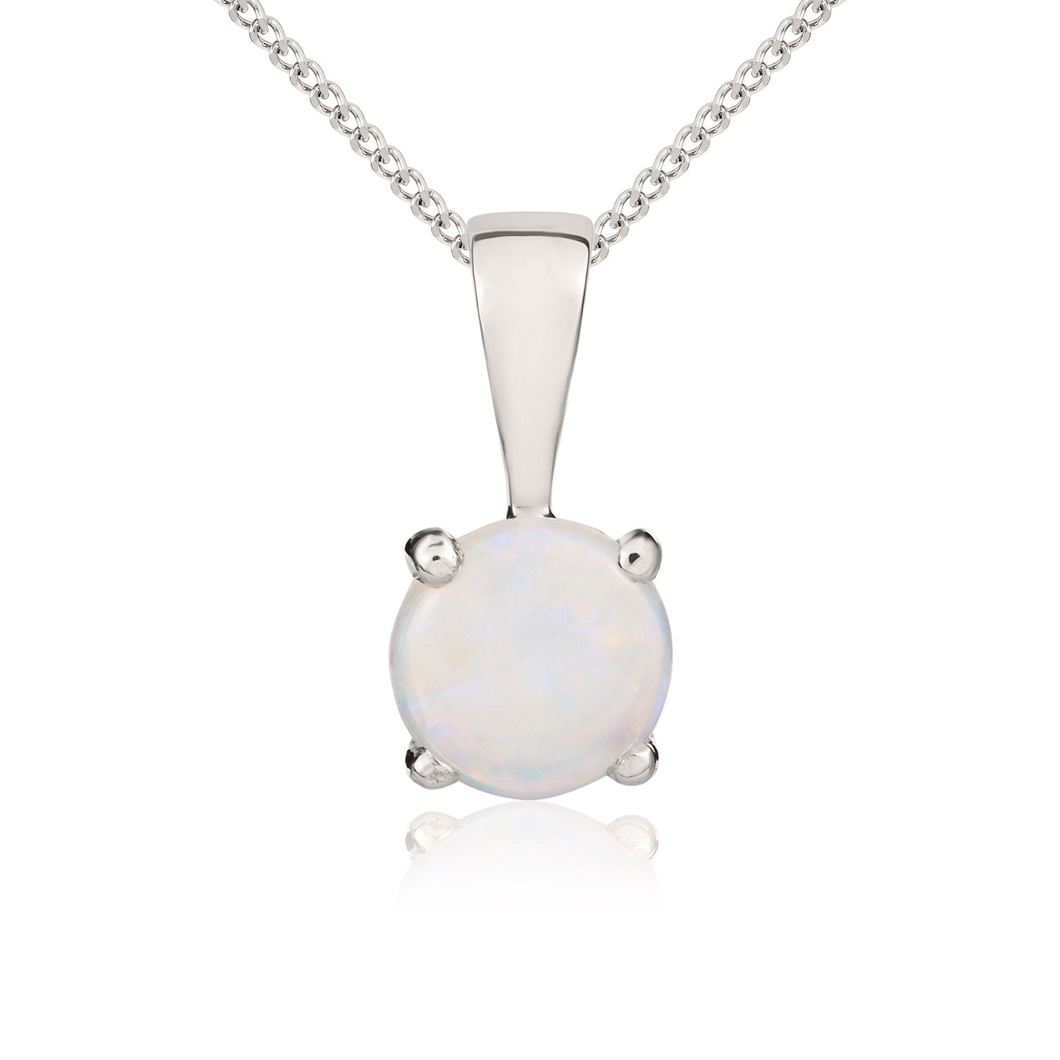 9ct White Gold Round Natural Opal Claw Pendant – 5mm