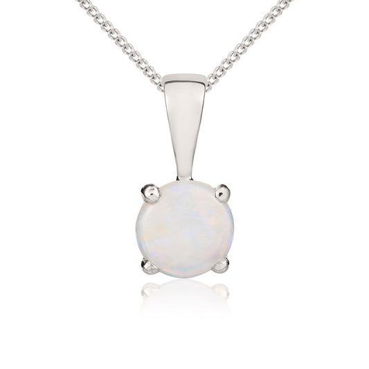 9ct White Gold Round Natural Opal Claw Pendant – 5mm