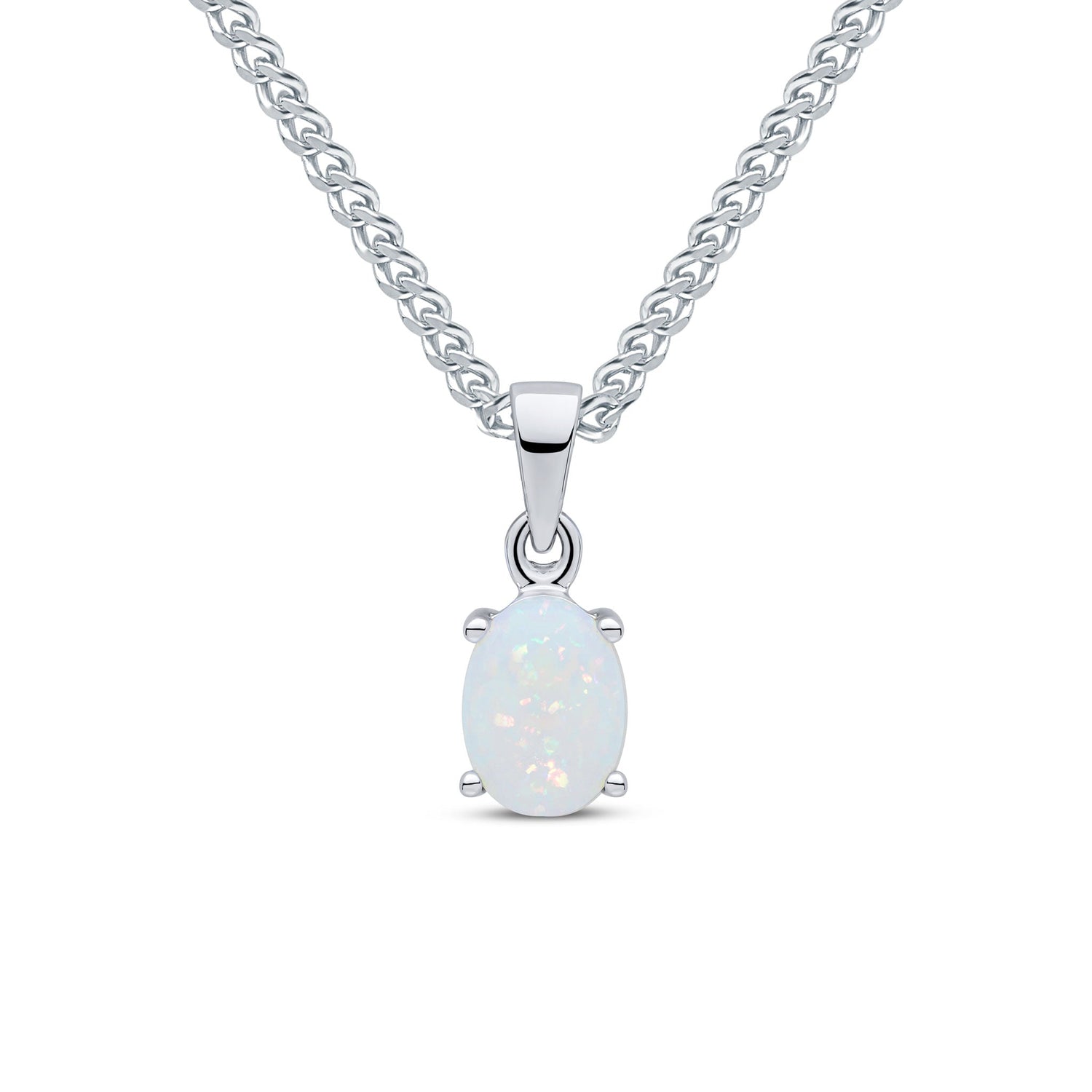 9ct White Gold Oval Natural Opal Claw Pendant — 7x5mm