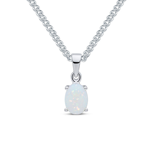 9ct White Gold Oval Natural Opal Claw Pendant — 7x5mm