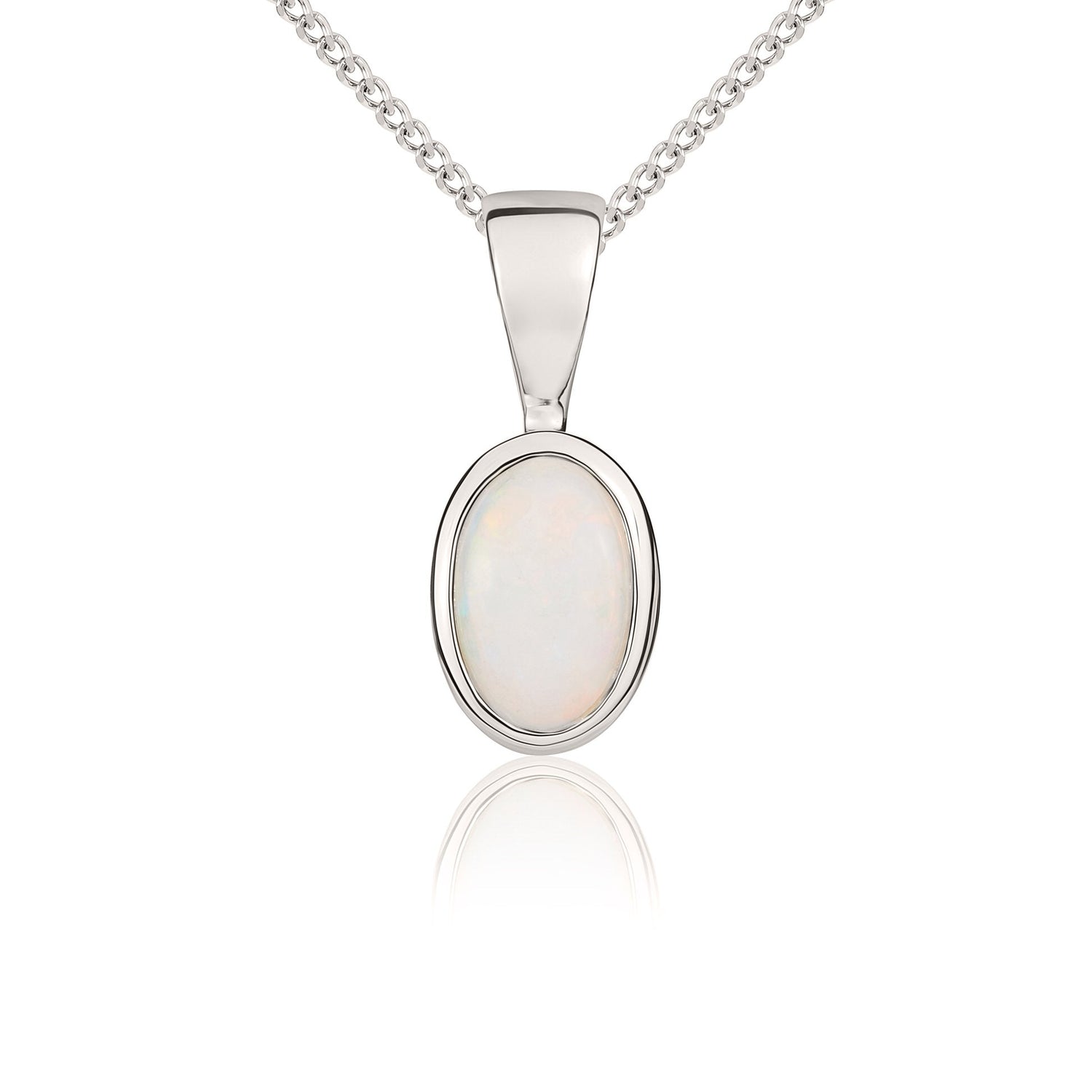 9ct White Gold Oval Natural Opal Rubover Pendant — 6x4mm