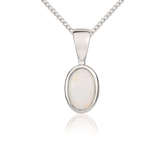 9ct White Gold Oval Natural Opal Rubover Pendant — 6x4mm