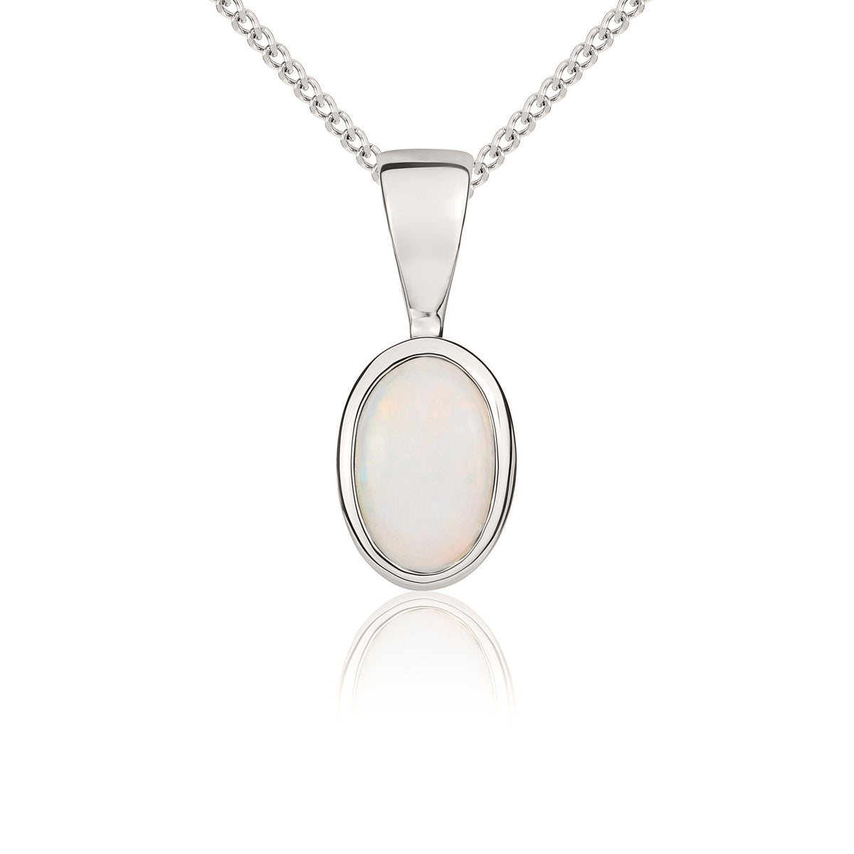 9ct White Gold Oval Natural Opal Rubover Pendant — 6x4mm