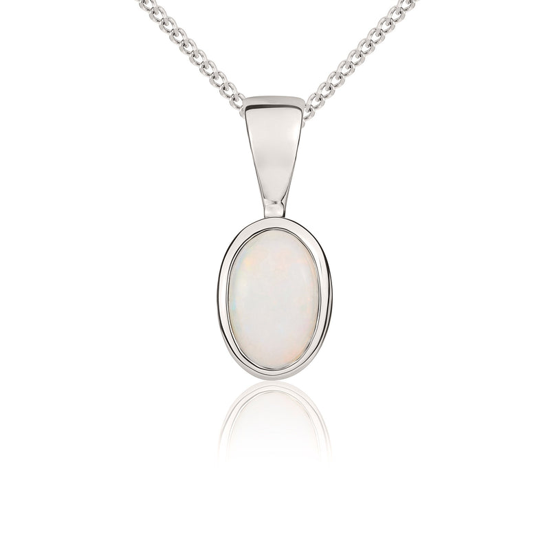9ct White Gold Oval Natural Opal Rubover Pendant — 6x4mm