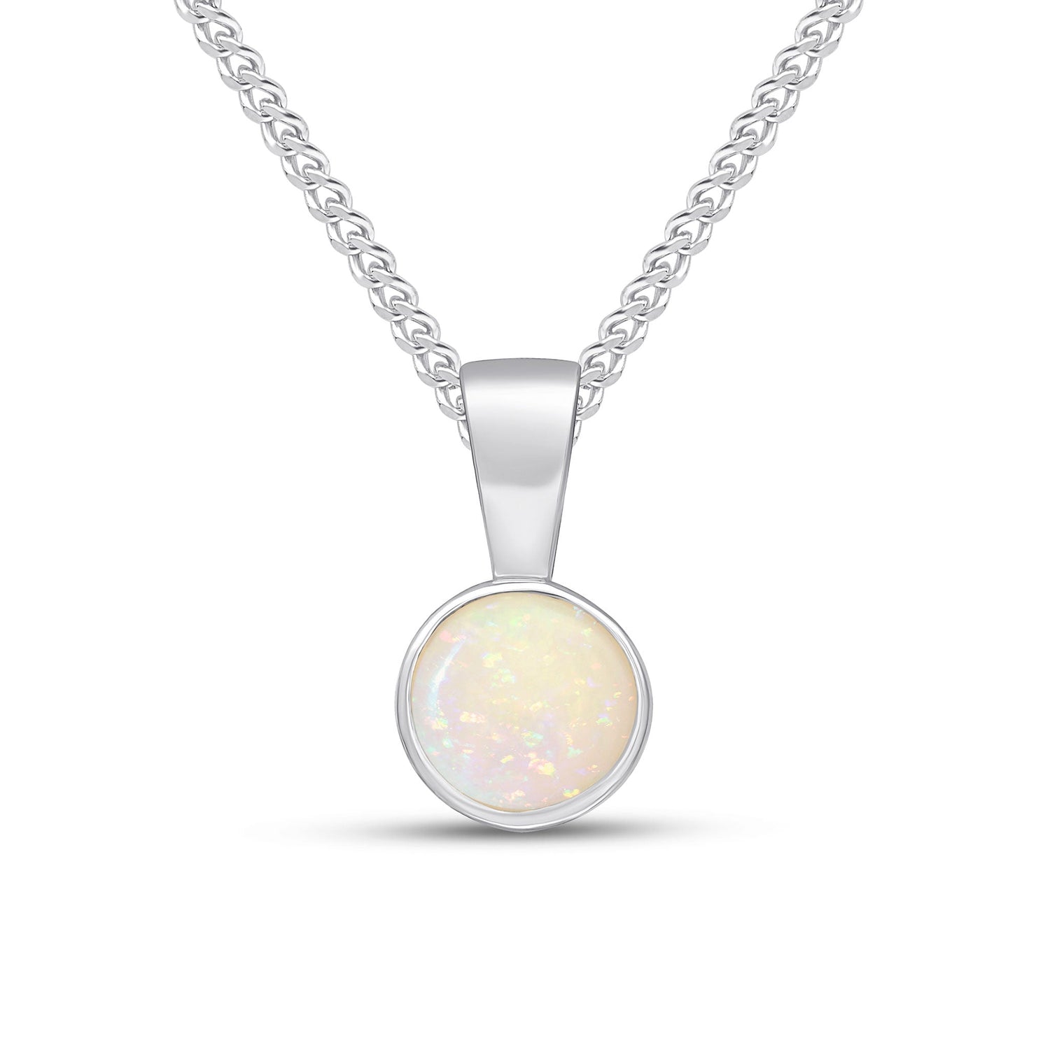 9ct White Gold Round Natural Opal Rubover Pendant — 5mm