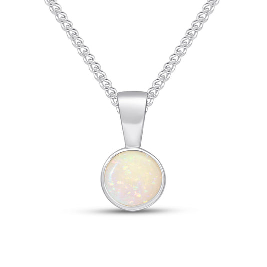 9ct White Gold Round Natural Opal Rubover Pendant — 5mm