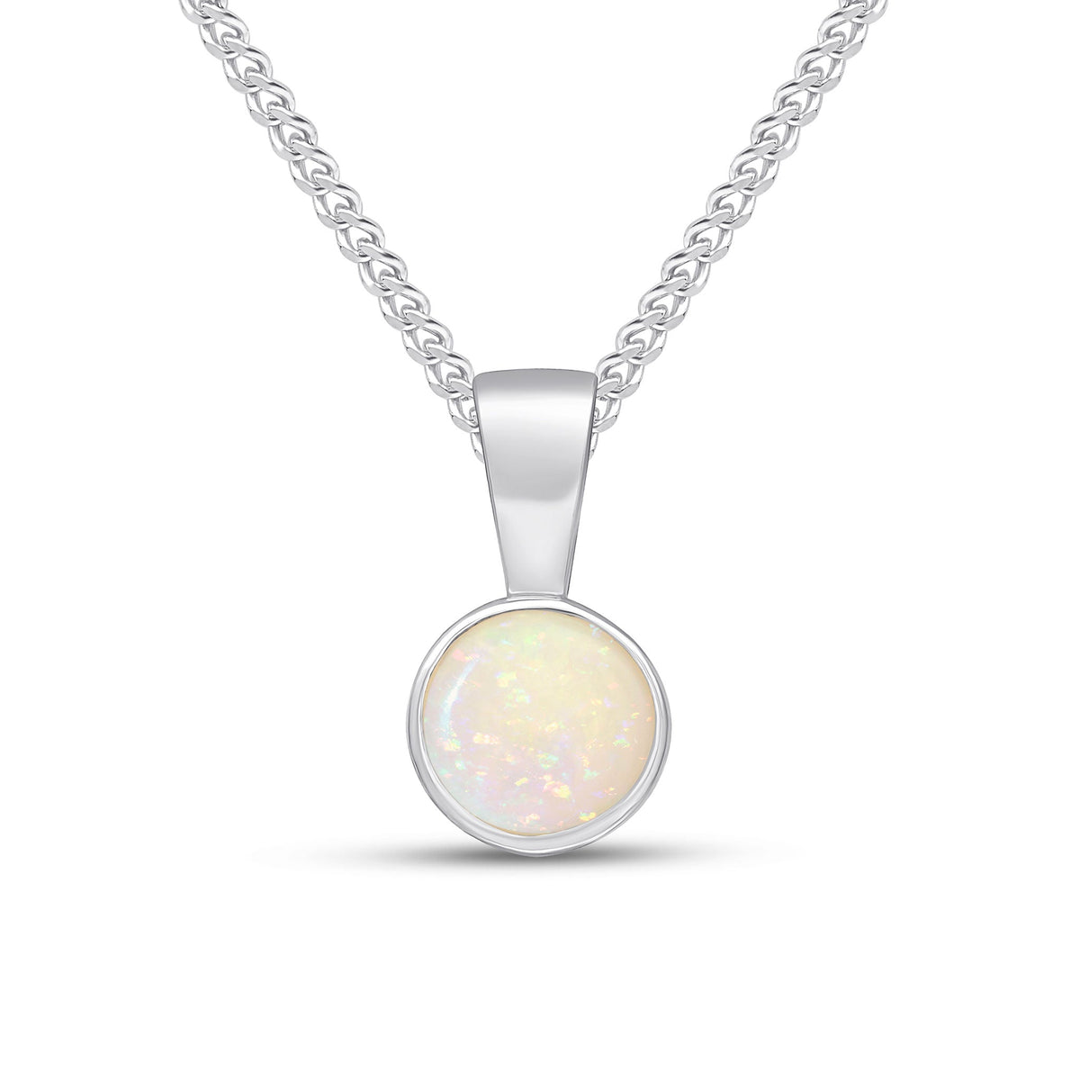 9ct White Gold Round Natural Opal Rubover Pendant — 5mm