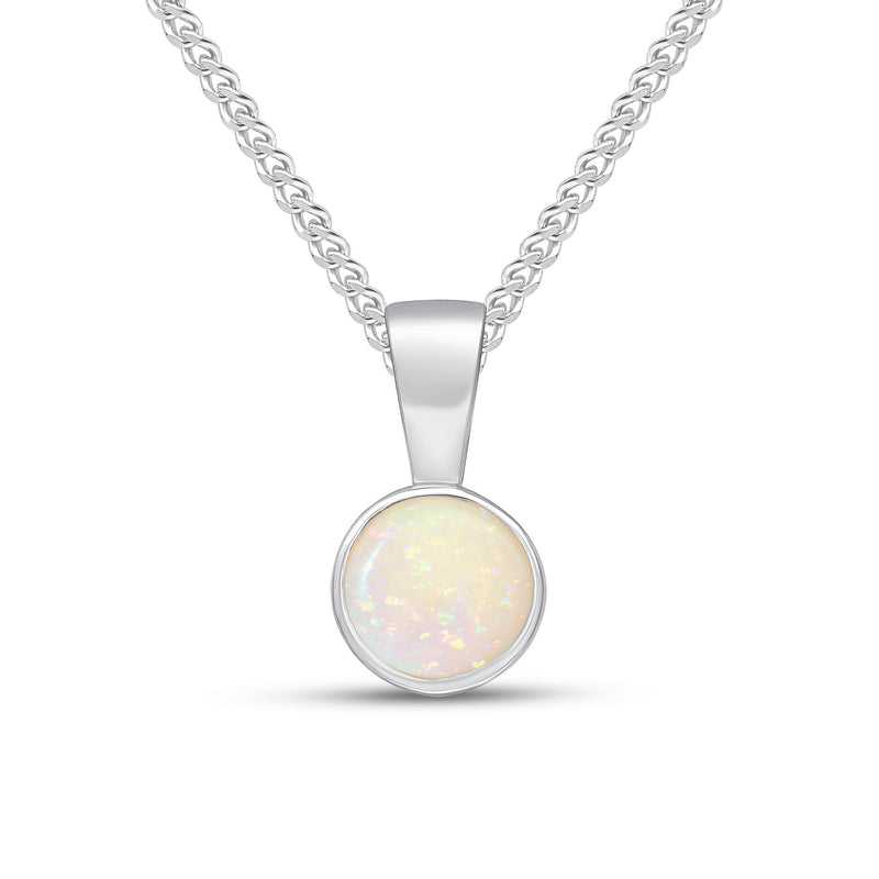 9ct White Gold Round Natural Opal Rubover Pendant — 5mm