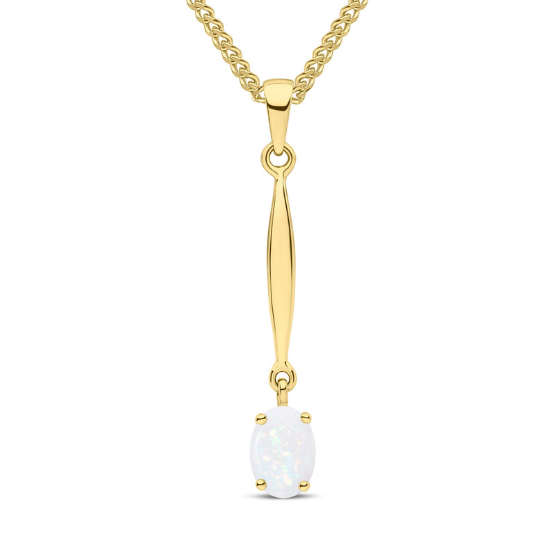 9ct Yellow Gold Oval Natural Opal Claw Bar Drop Pendant — 7x5mm