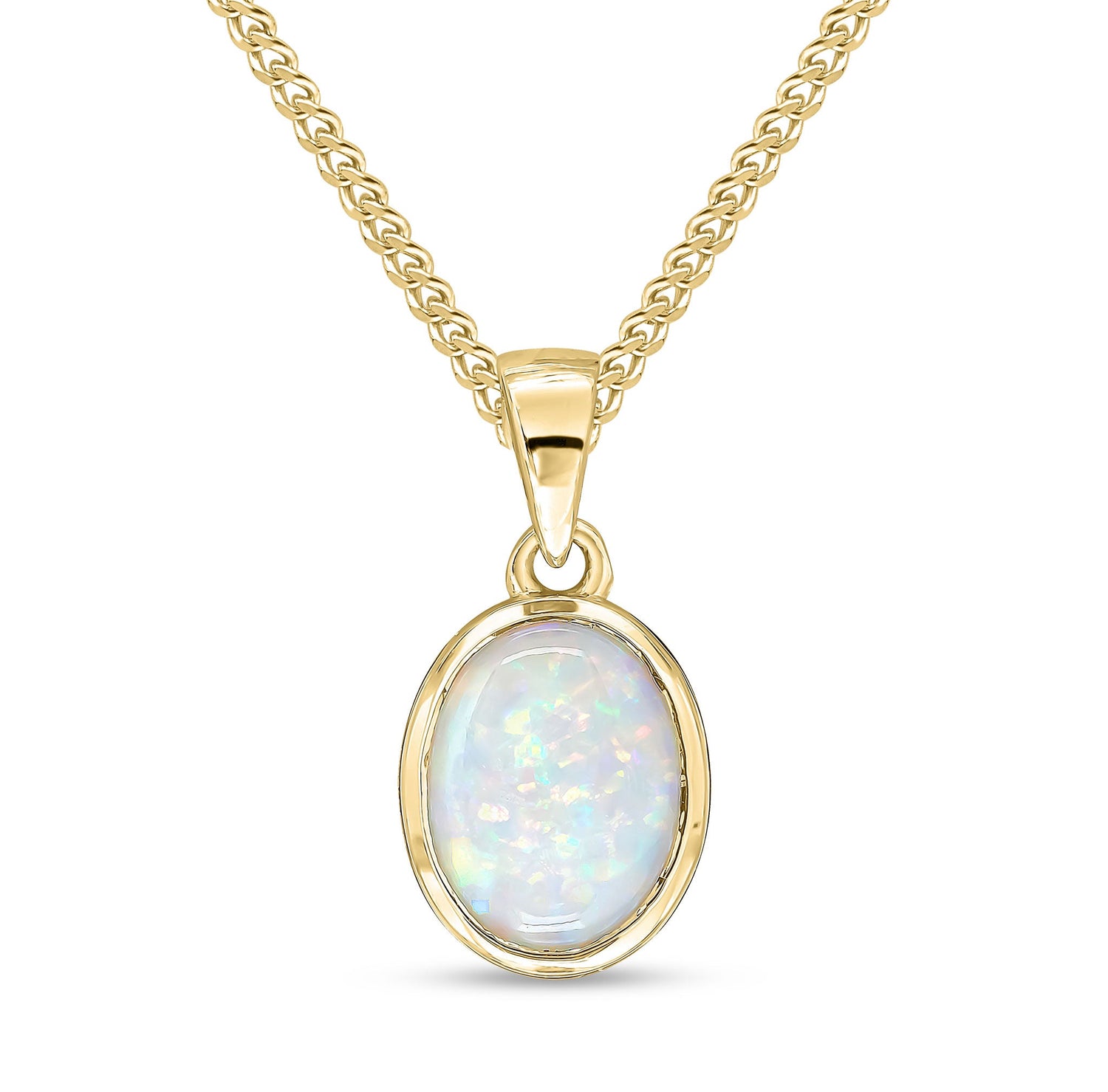 9ct Yellow Gold Oval Natural Opal Rubover Pendant — 9x7mm