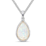 9ct White Gold Pear Shaped Natural Opal Rubover Pendant — 14x9mm