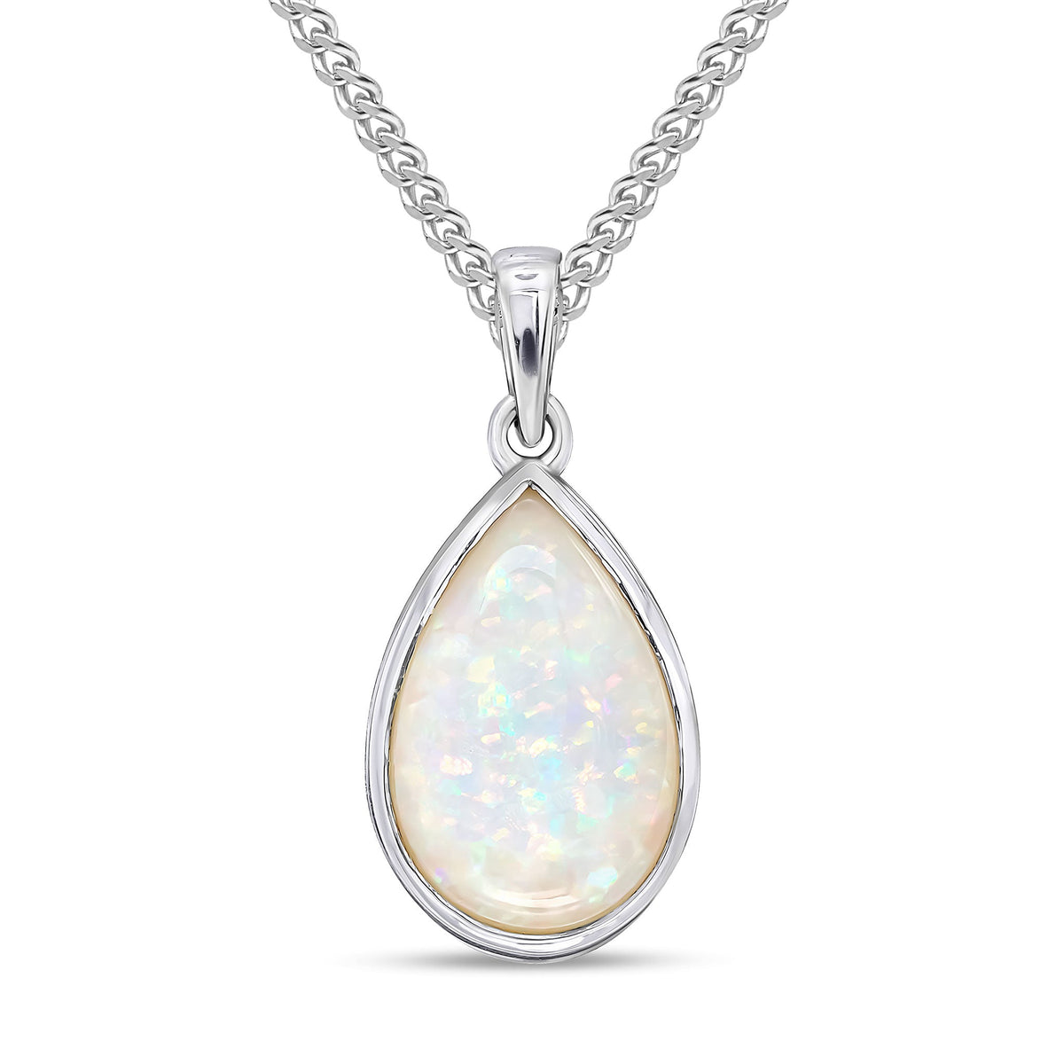 9ct White Gold Pear Shaped Natural Opal Rubover Pendant — 14x9mm