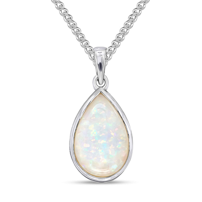 9ct White Gold Pear Shaped Natural Opal Rubover Pendant — 14x9mm