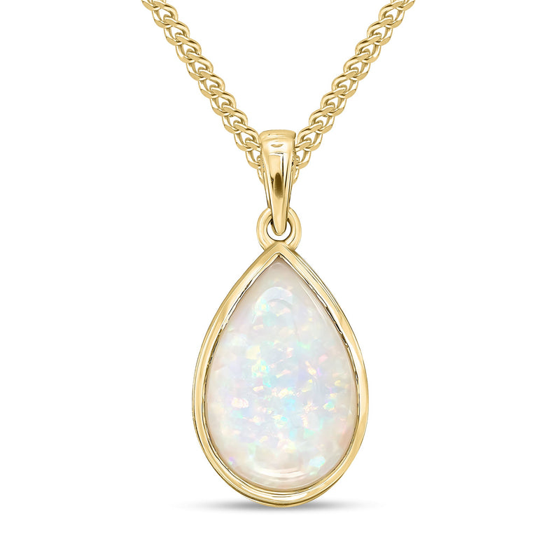 9ct Yellow Gold Pear Shaped Natural Opal Rubover Pendant — 14x9mm