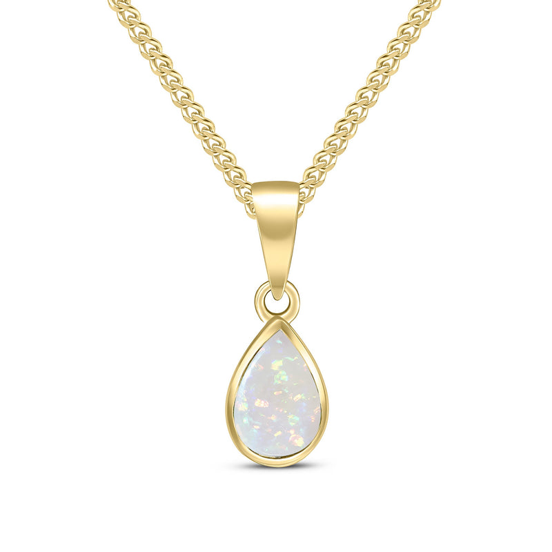 9ct Yellow Gold Pear Shaped Natural Opal Rubover Pendant — 7x5mm