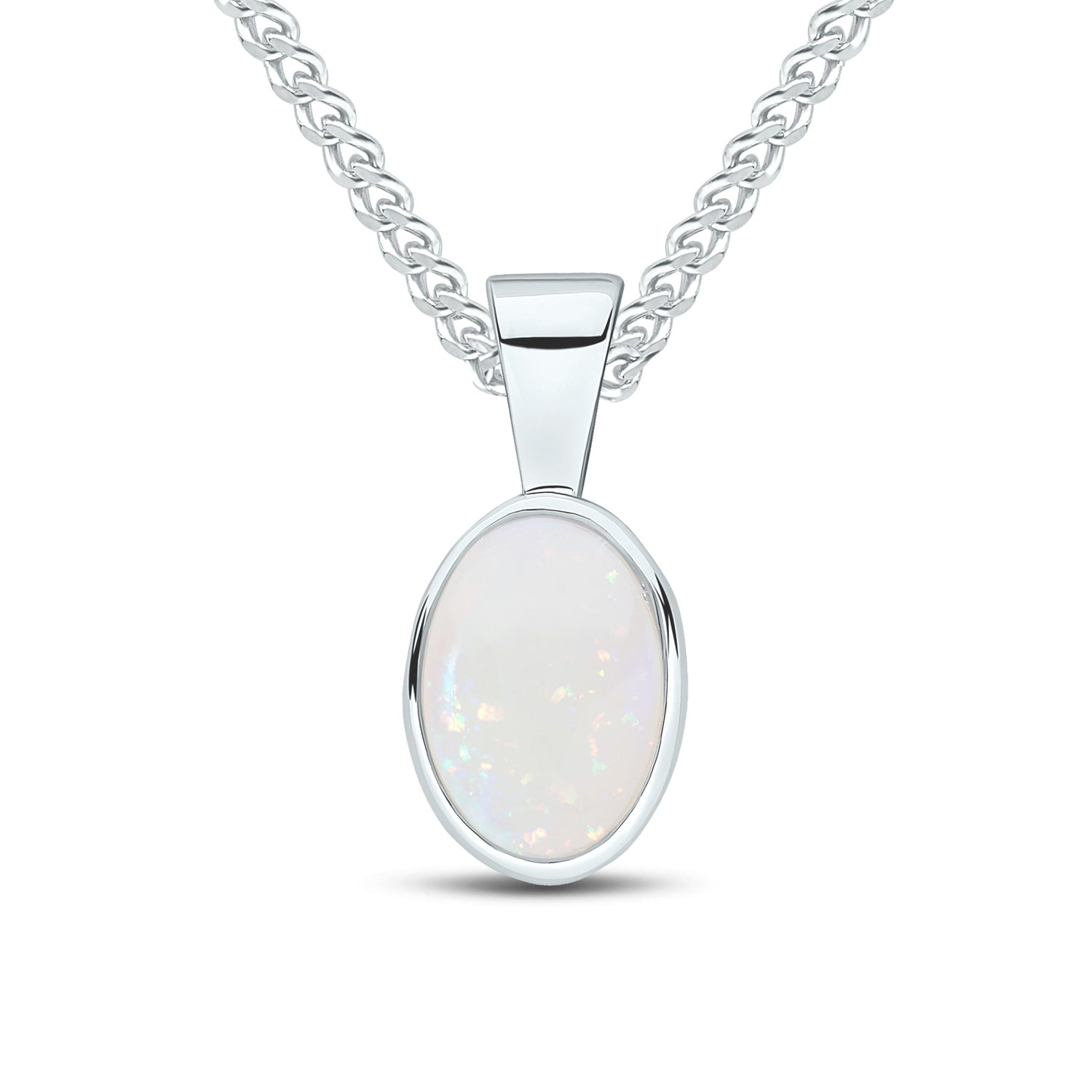 9ct White Gold Oval Natural Opal Rubover Pendant — 7x5mm