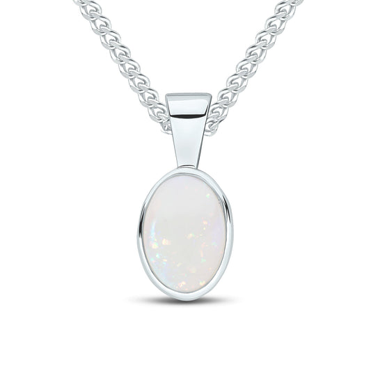 9ct White Gold Oval Natural Opal Rubover Pendant — 7x5mm