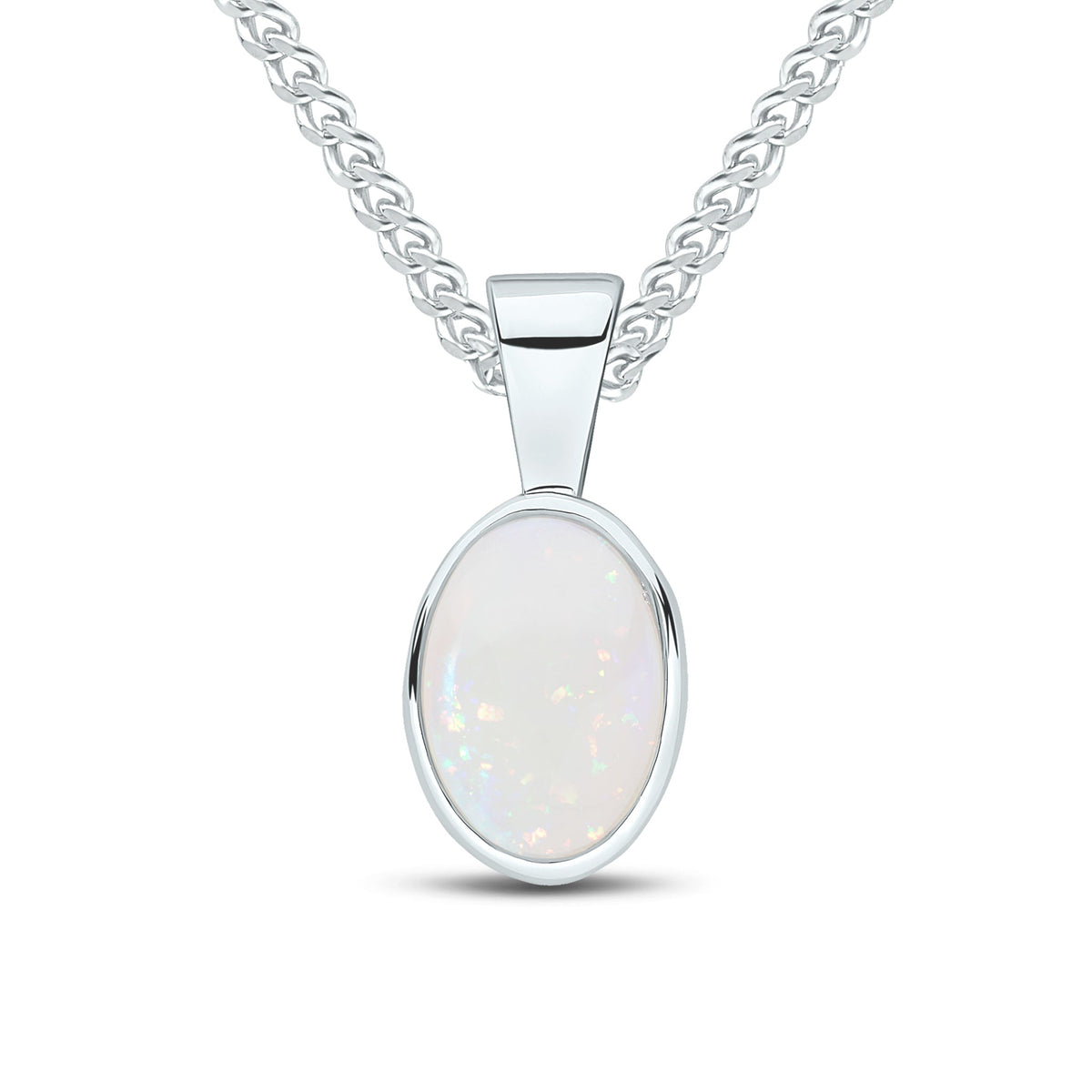 9ct White Gold Oval Natural Opal Rubover Pendant — 7x5mm