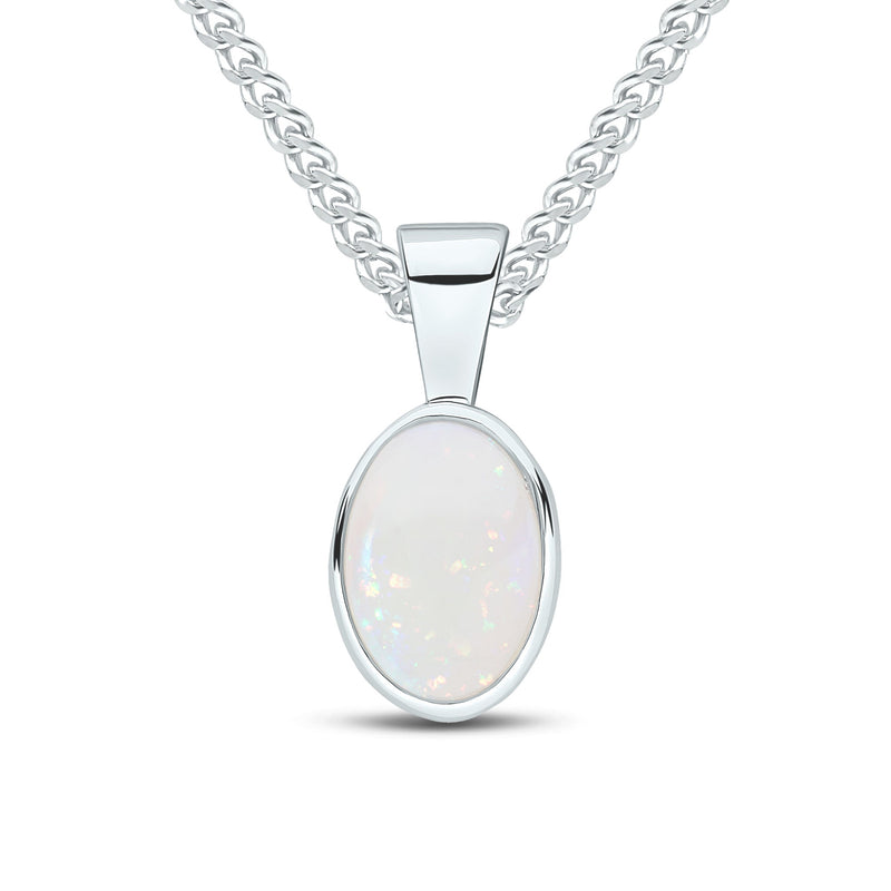 9ct White Gold Oval Natural Opal Rubover Pendant — 7x5mm
