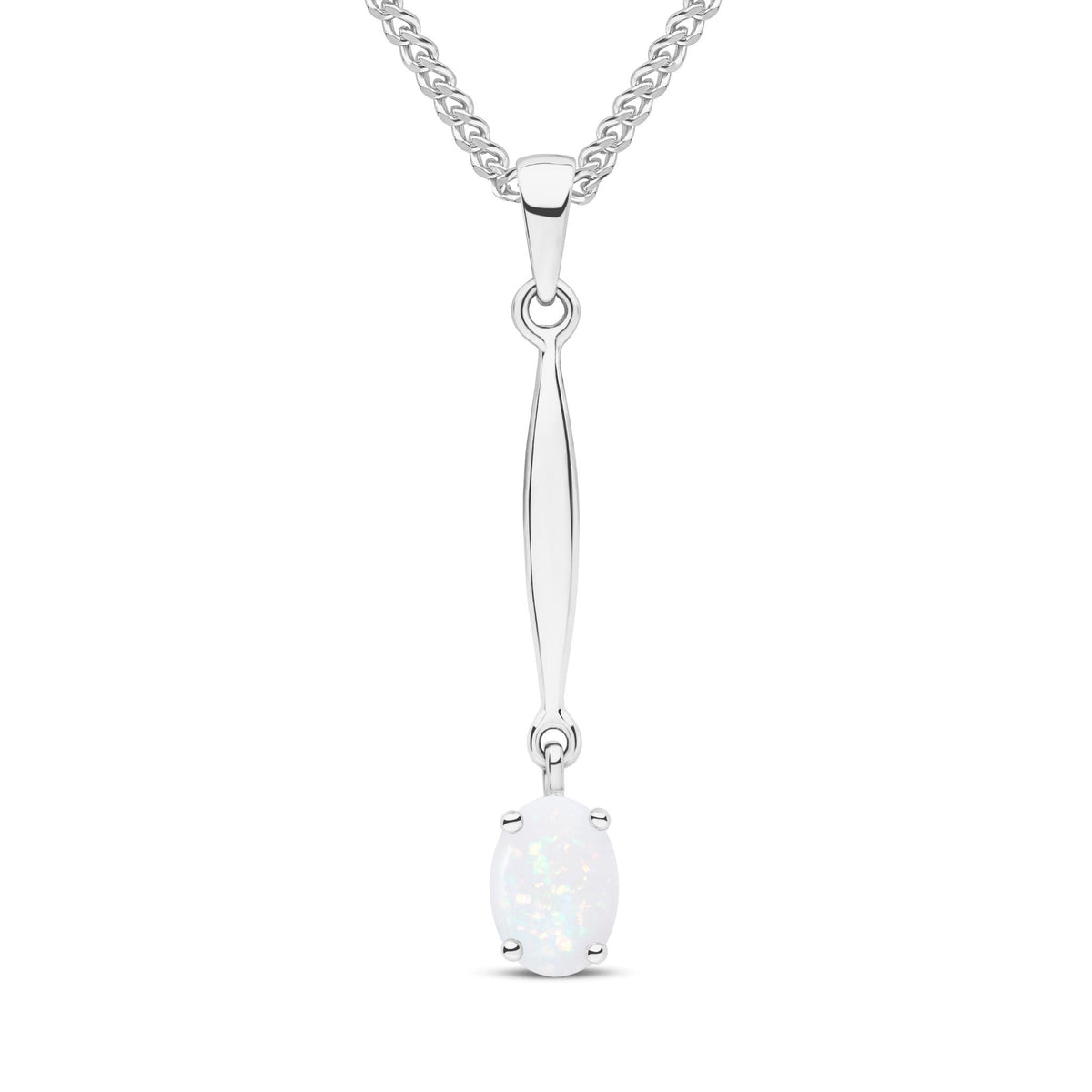 9ct White Gold Oval Natural Opal Claw Bar Drop Pendant — 7x5mm