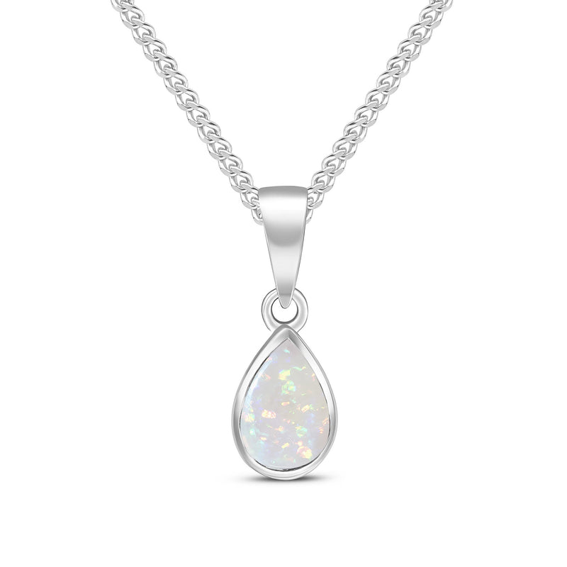 9ct White Gold Pear Shaped Natural Opal Rubover Pendant — 7x5mm