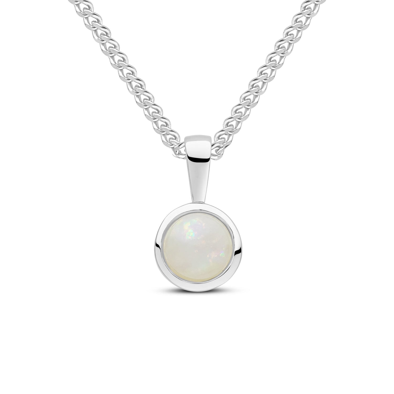 9ct White Gold Round Natural Opal Rubover Pendant — 6mm