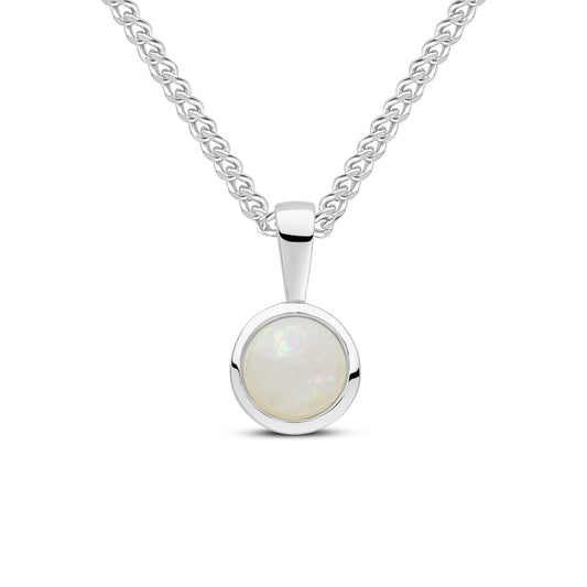 9ct White Gold Round Opal Rubover Pendant — 6mm