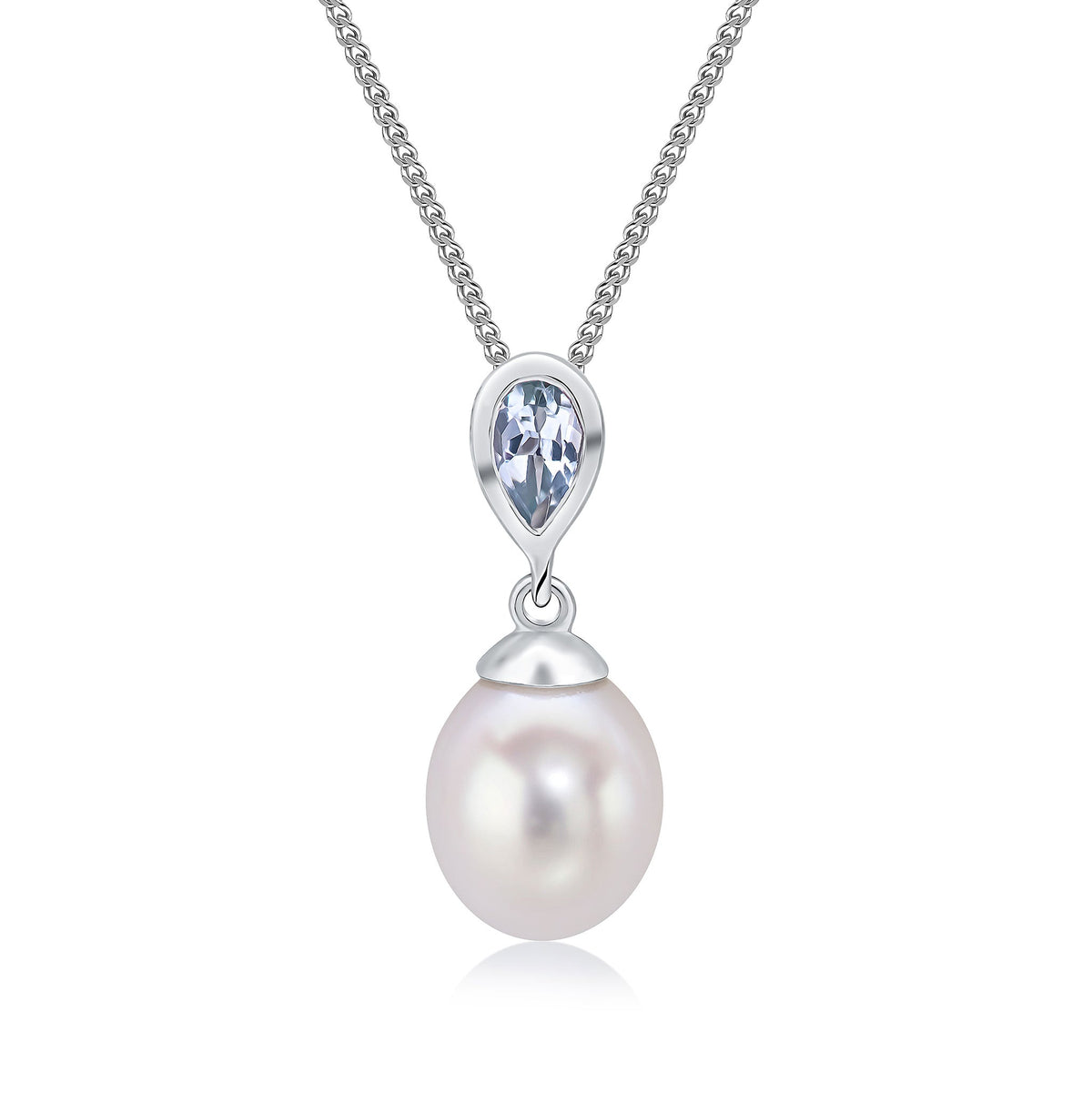 9ct White Gold Pearl and Pear Shaped Natural Aquamarine Drop Pendant