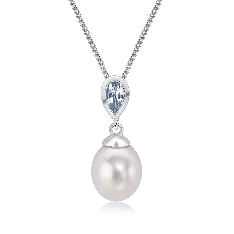9ct White Gold Pearl and Pear Shaped Natural Aquamarine Drop Pendant