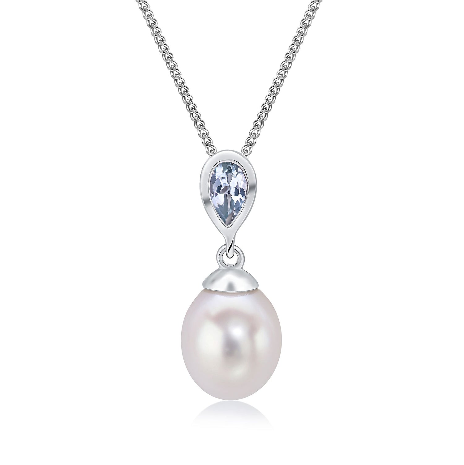 9ct White Gold Natural Pearl and Pear Shaped Aquamarine Drop Pendant
