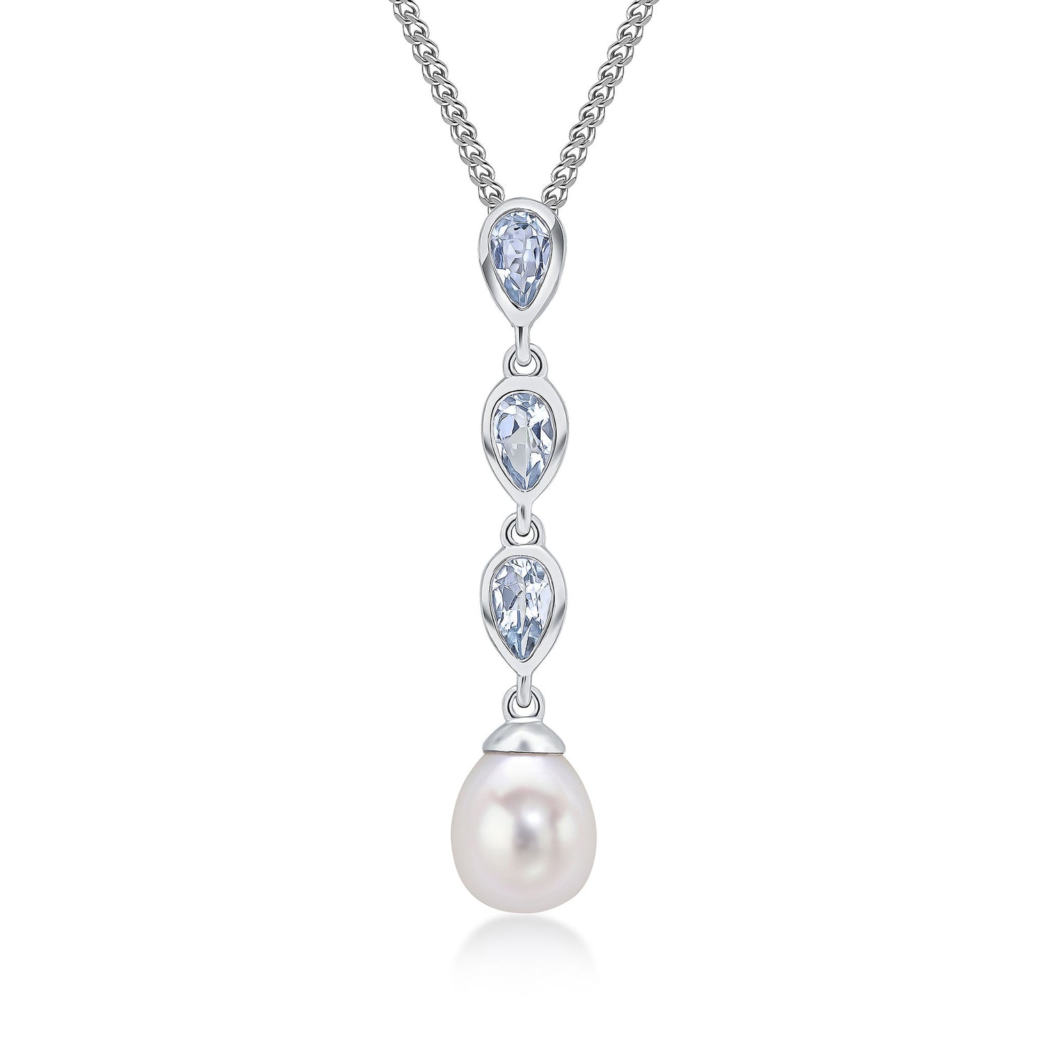 9ct White Gold Natural Pearl and Pear Shaped Aquamarine Triple Drop Pendant