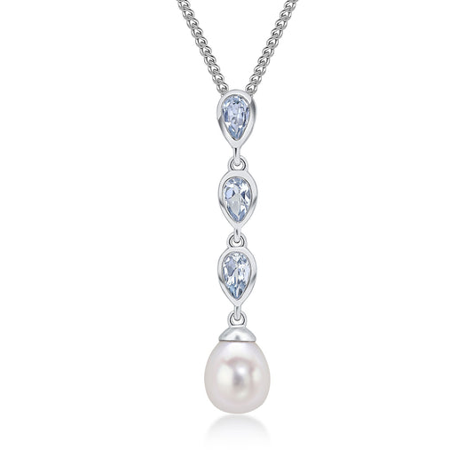 9ct White Gold Natural Pearl and Pear Shaped Aquamarine Triple Drop Pendant